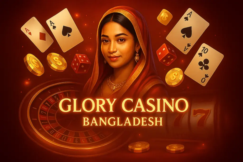 Glory Casino Pakistan: a young woman in a traditional red sari with golden jewelry, surrounded by floating playing cards (Ace of Spades, Ace of Diamonds, Ten of Clubs), golden chips with dollar symbols, red dice, a roulette wheel, and a slot machine showing triple sevens against a dark red background with glowing effects.